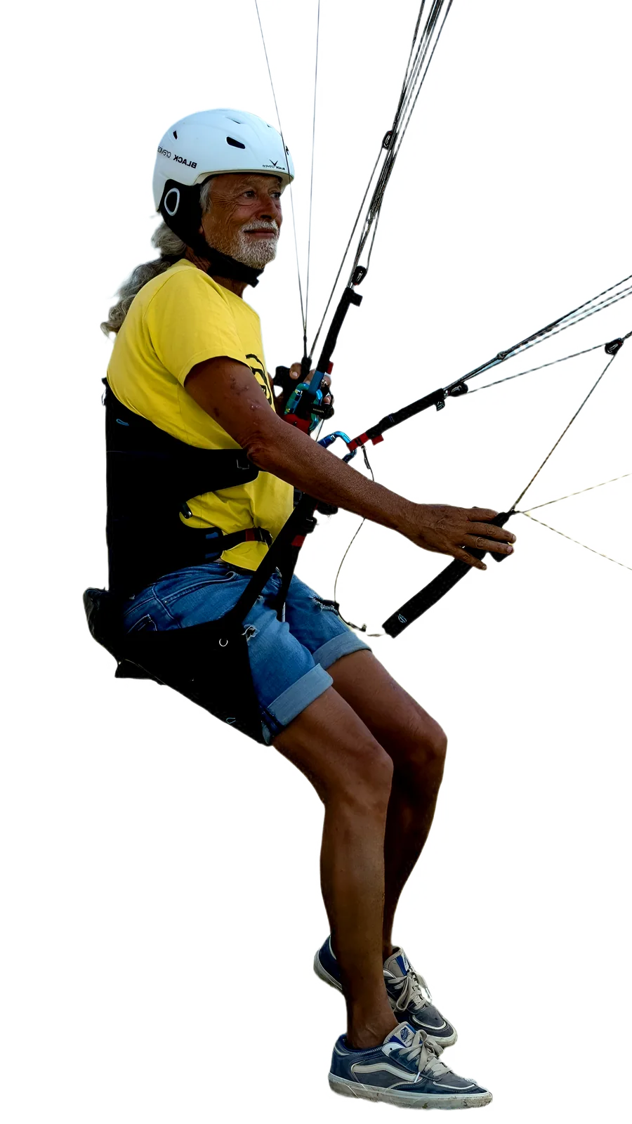 Pilote de Parakite suspendu dans un harness split-leg avec des points repérés au bassin, aux jambes, aux cuissardes, au harness, aux points de suspension et aux commandes